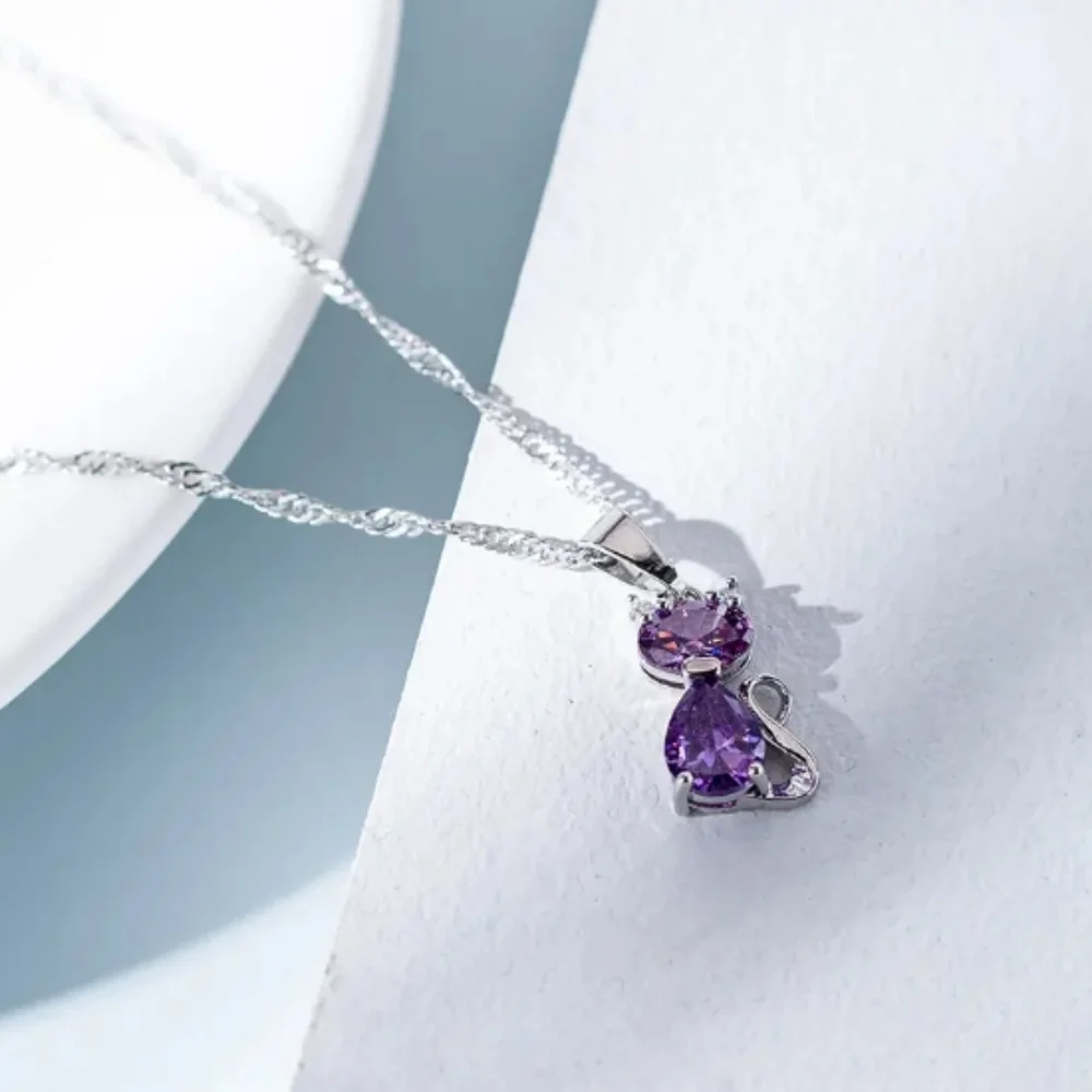 NEW Purple Cat Heart Necklace silver